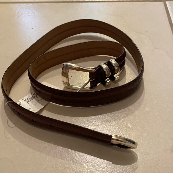 Neiman Marcus Genuine Lizard Brown Leather Belt Silver Hardware Buckle 36 Waist - Picture 1 of 7
